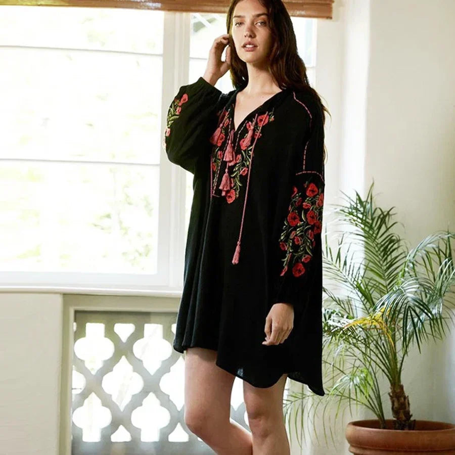 Black Cotton Rayon Floral Embroidery Beach Dress Black / S bohodress-250126