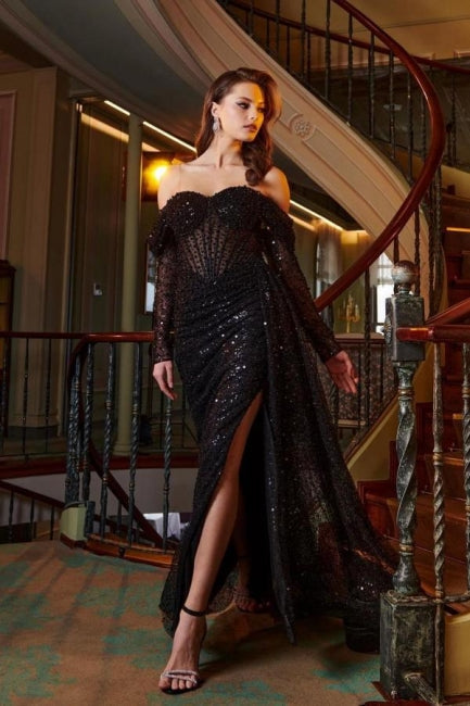 Strapless Floor-Length Black Front Split Unique Prom Dresses with Beadings - Fashionpara