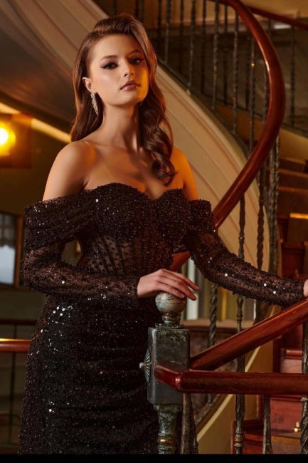 Strapless Floor-Length Black Front Split Unique Prom Dresses with Beadings - Fashionpara