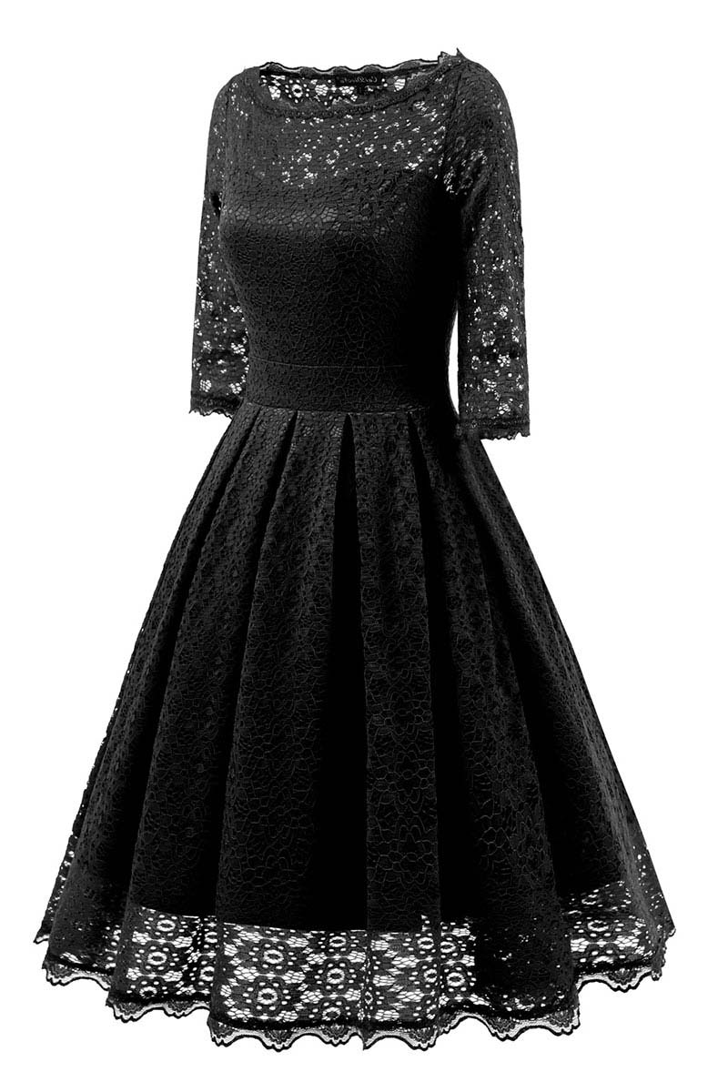 Black Lace A-line Prom Dress With Sleeves