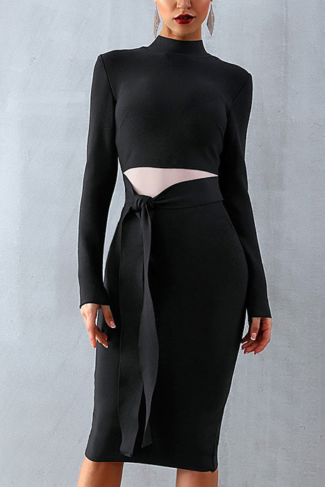 Black Mock-neck Tie Front Bodycon Dress - Mislish