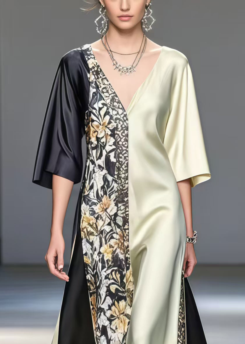 Satin Deep V-Neck Color Block Floral Panel Asymmetrical Maxi Gown - View 2