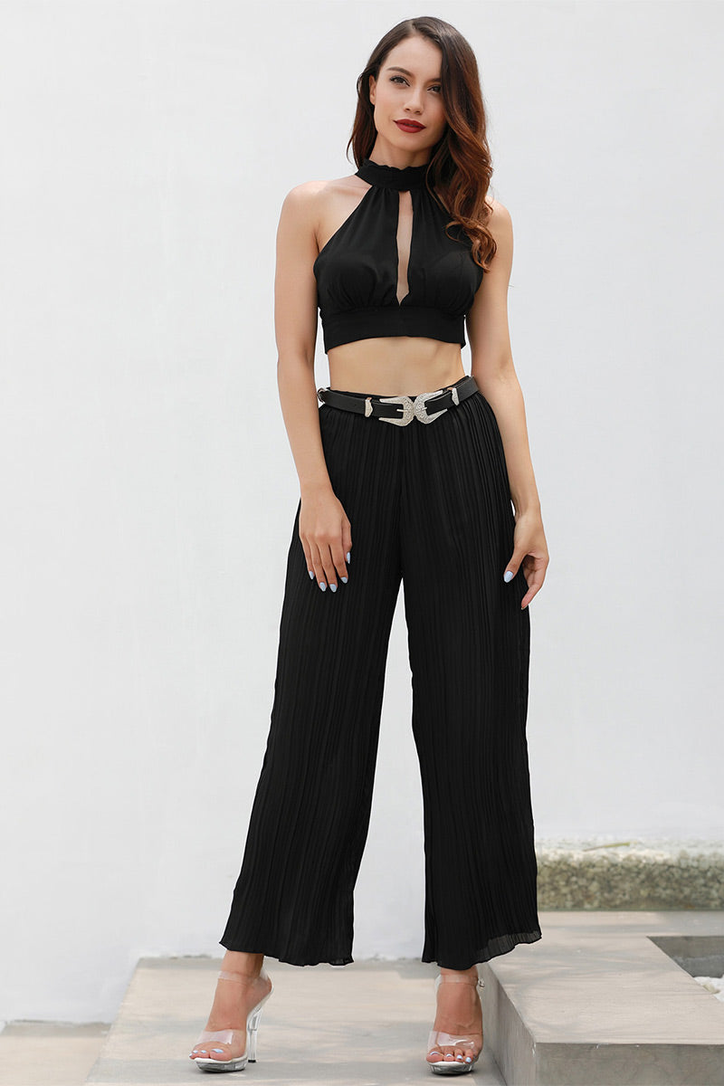 Black Pleated Empire Chiffon Pants - Mislish