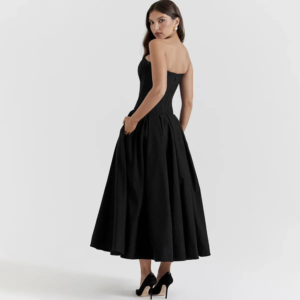 Black Plunge Corset Midi Dress - Fashionpara