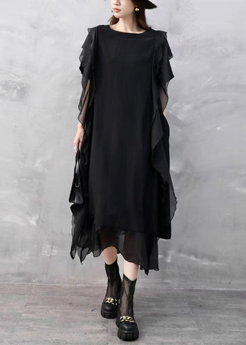 Sleeveless Chiffon Round Neck Side Ruffle Layered Hem Midi Dress