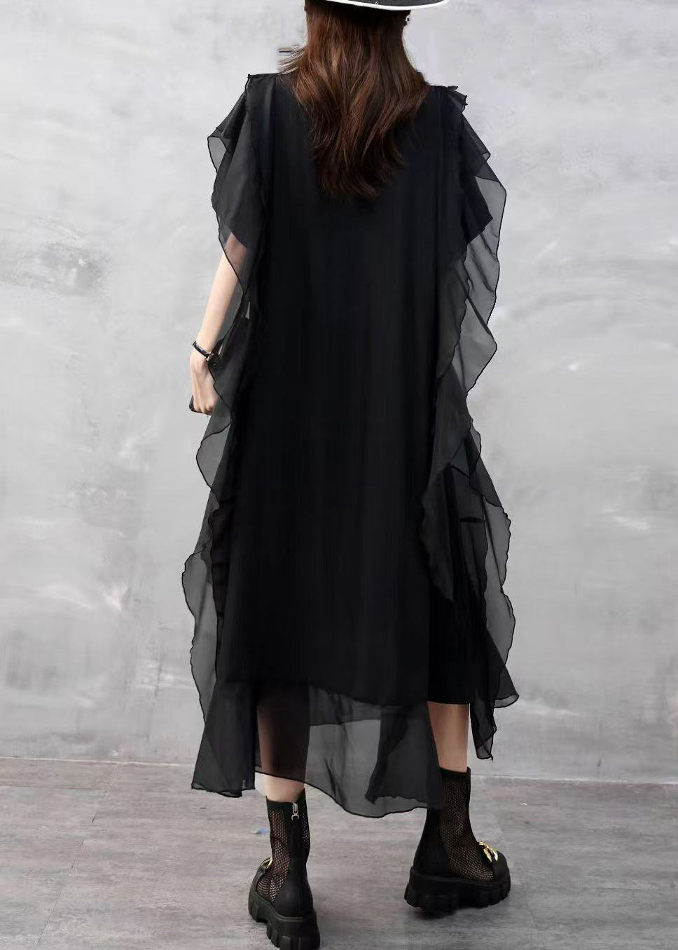 Sleeveless Chiffon Round Neck Side Ruffle Layered Hem Midi Dress - View 4