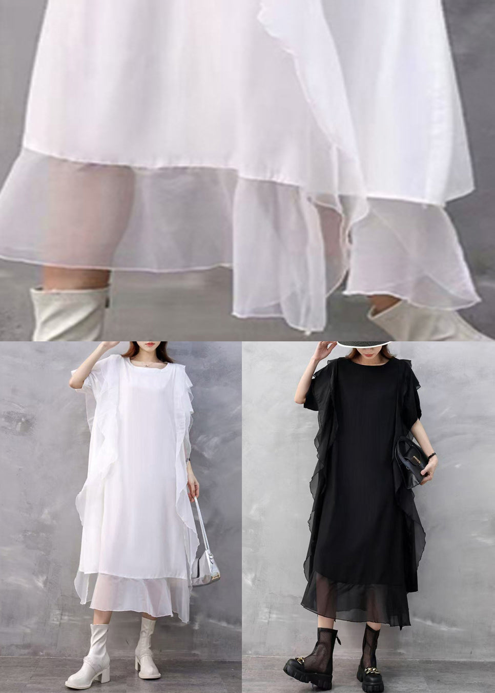 Sleeveless Chiffon Round Neck Side Ruffle Layered Hem Midi Dress - View 5