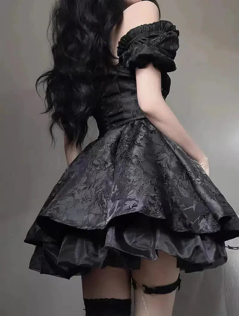 Jacquard Off-Shoulder Puff Sleeve Lace-Up Tiered Mini Dress 2