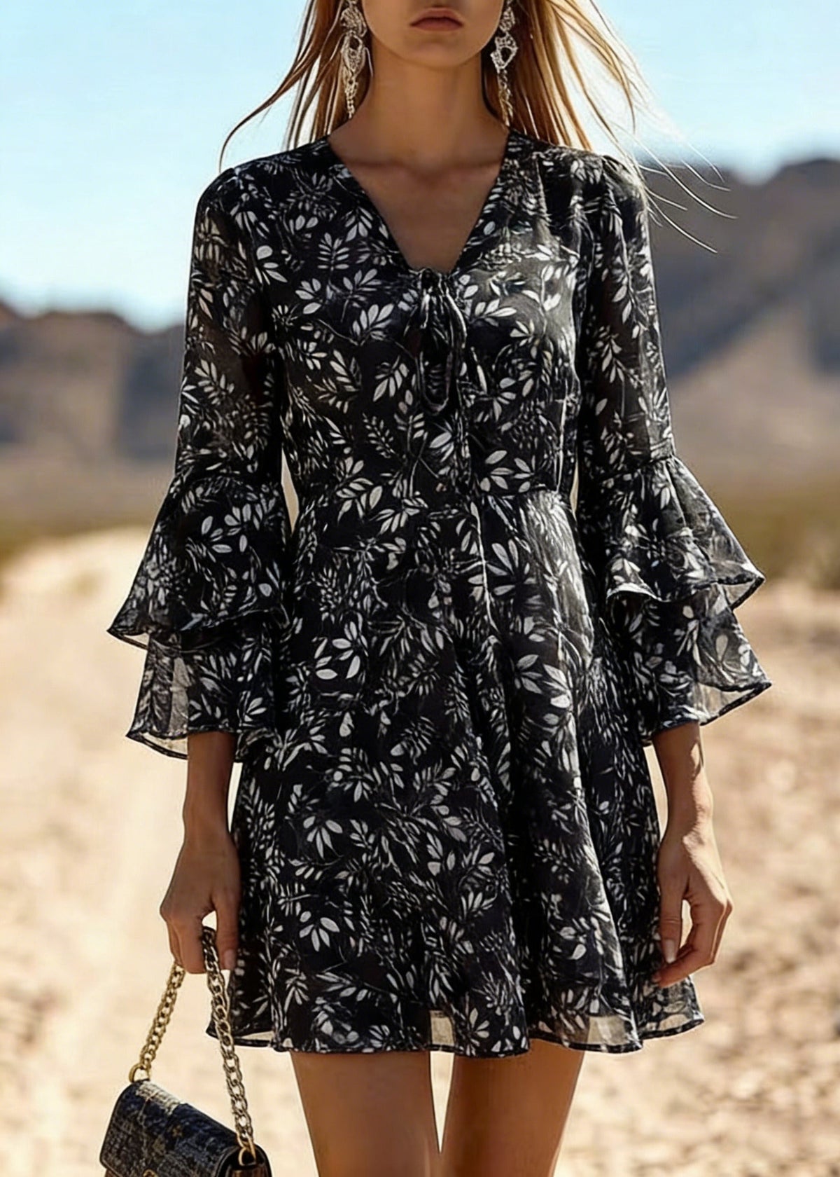 Leaf Print Tie Front Deep V-Neck Double Ruffle A-Line Mini Dress
