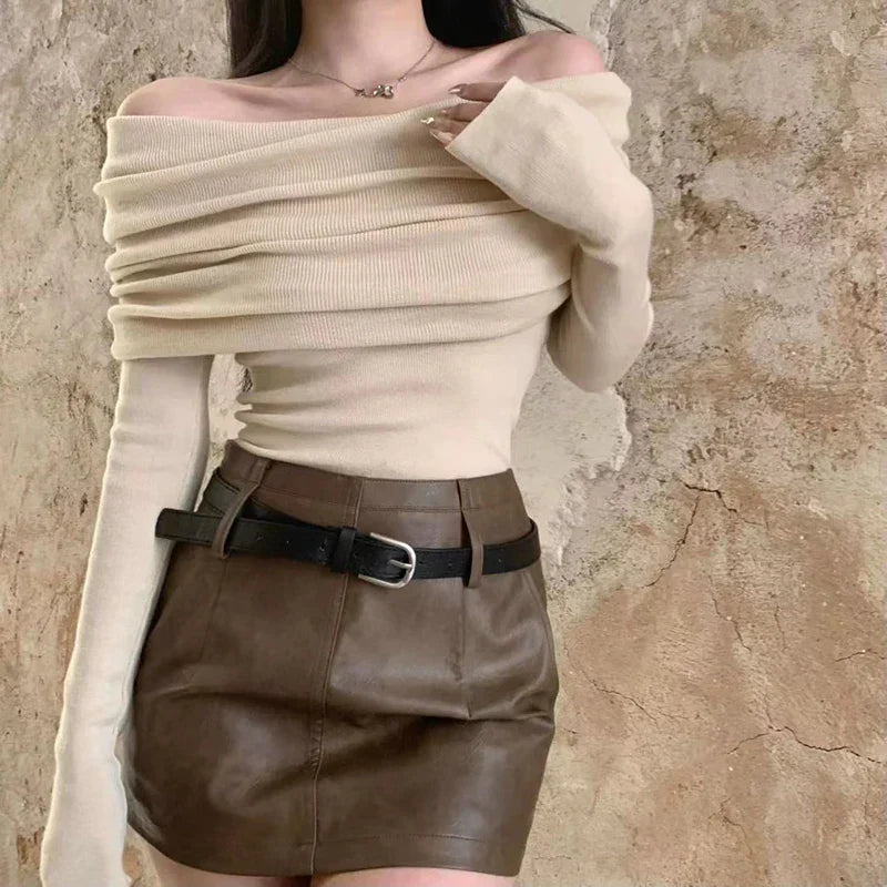 Sexy Slash Neck Pleated Knitted Sweater APRICOT / S