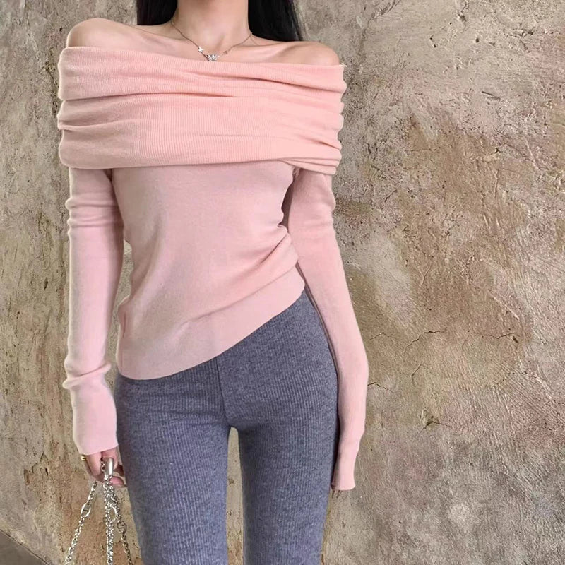 Sexy Slash Neck Pleated Knitted Sweater Pink / S