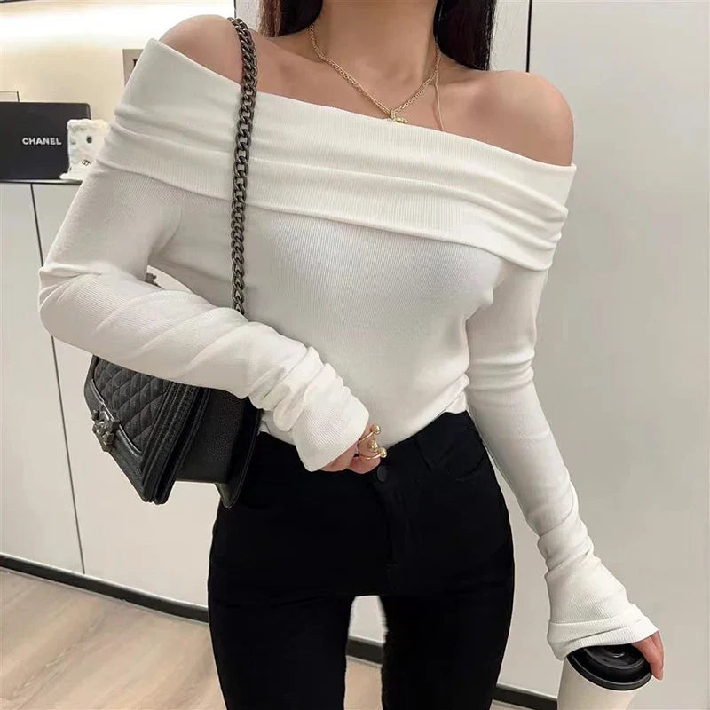 Sexy Slash Neck Pleated Knitted Sweater WHITE / S