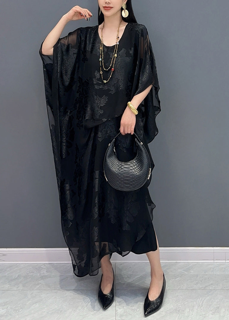 Floral Burnout Sheer V-Neck Batwing Sleeve Kaftan Maxi Dress