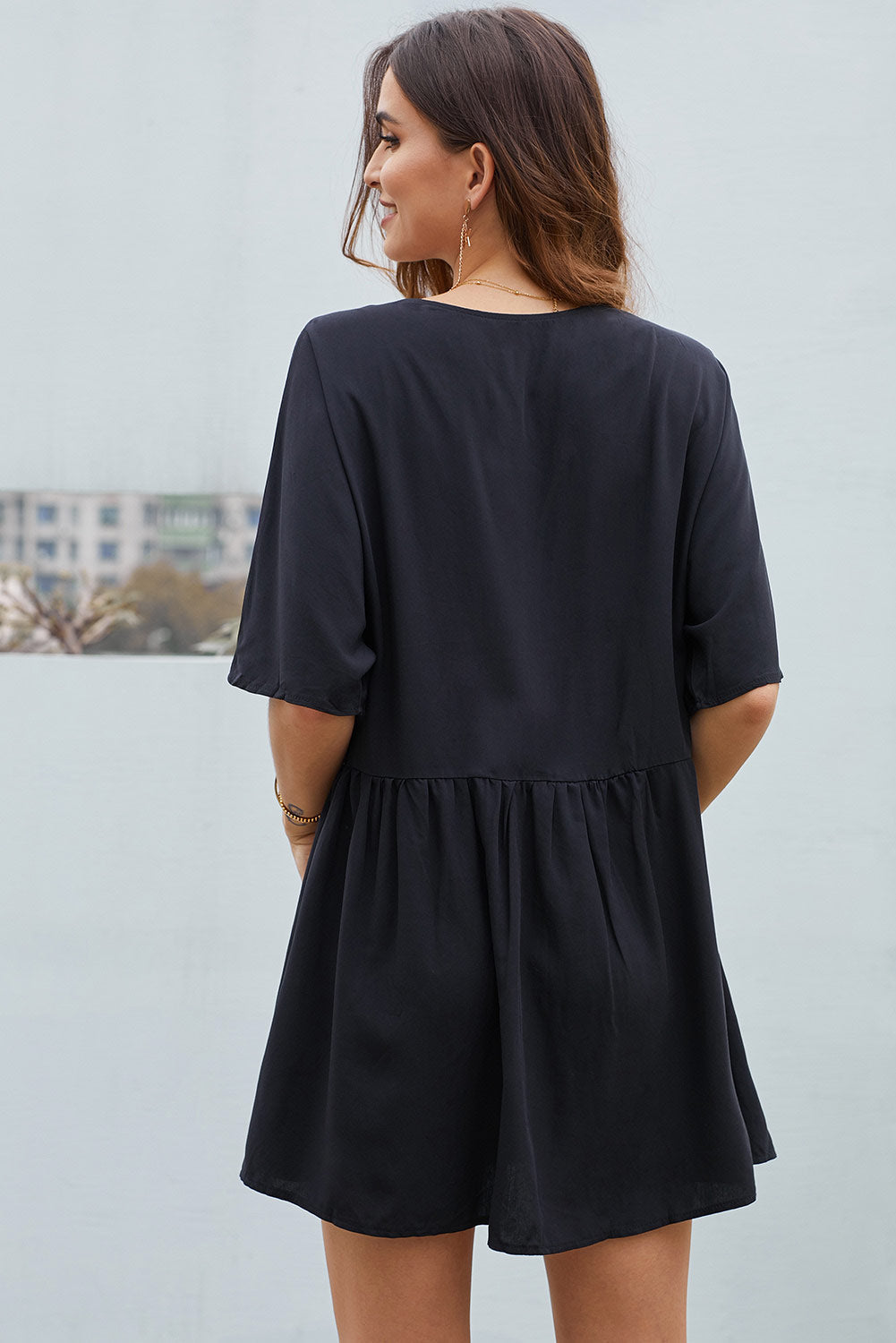 Black Single Breasted Mini Dress With Pockets