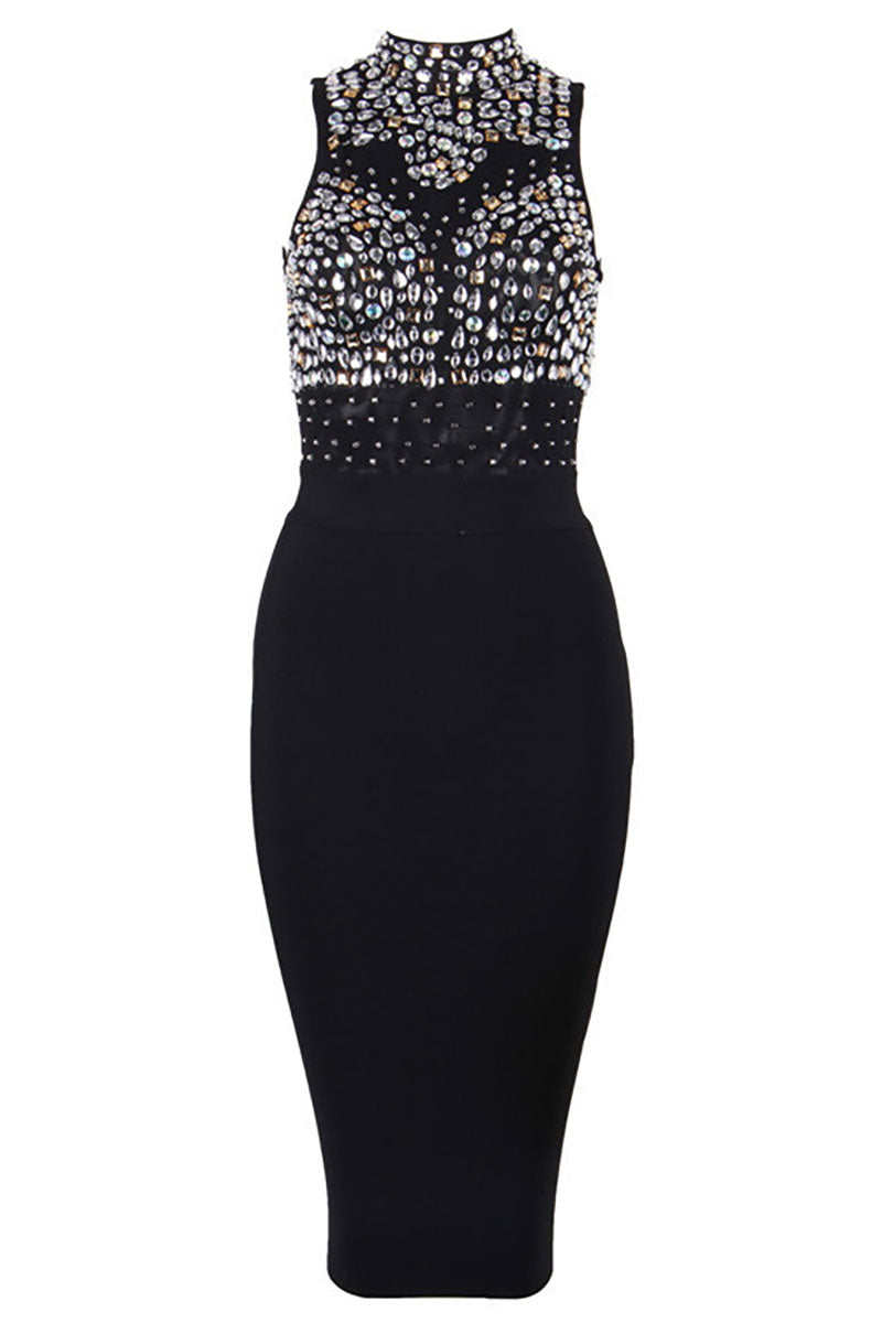Burgundy Sleeveless High Neck Beading Bandage Dress - Mislish