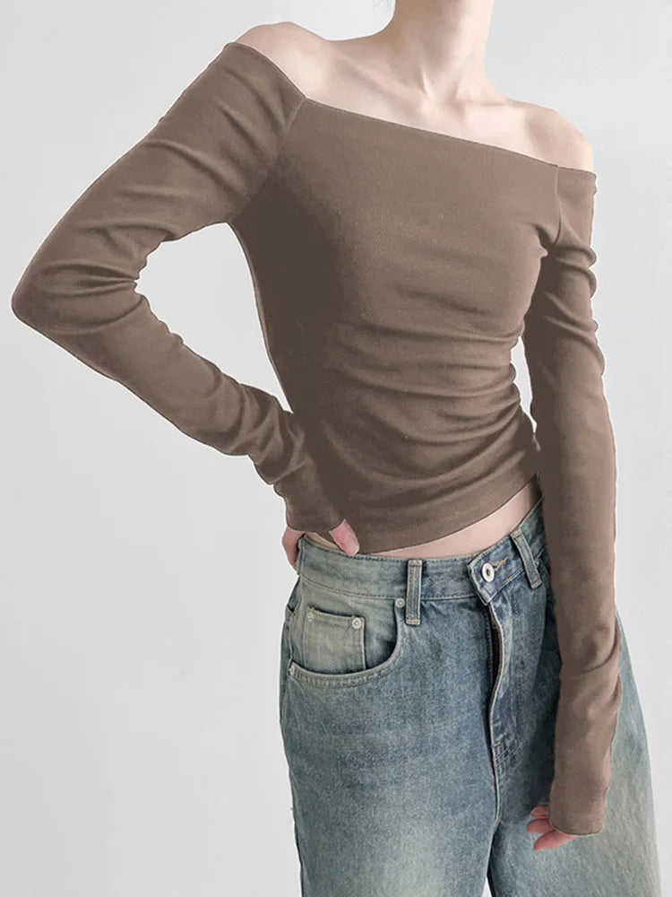 Black Slash Neck Elegant Long Sleeve Slim Knit Top Brown / S knittop-250126