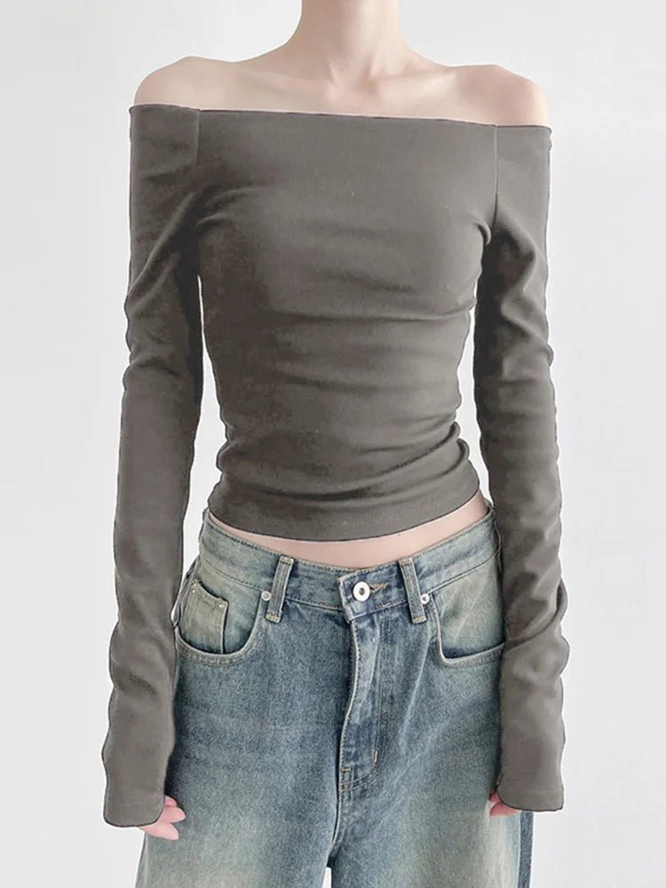Black Slash Neck Elegant Long Sleeve Slim Knit Top Green / S knittop-250126