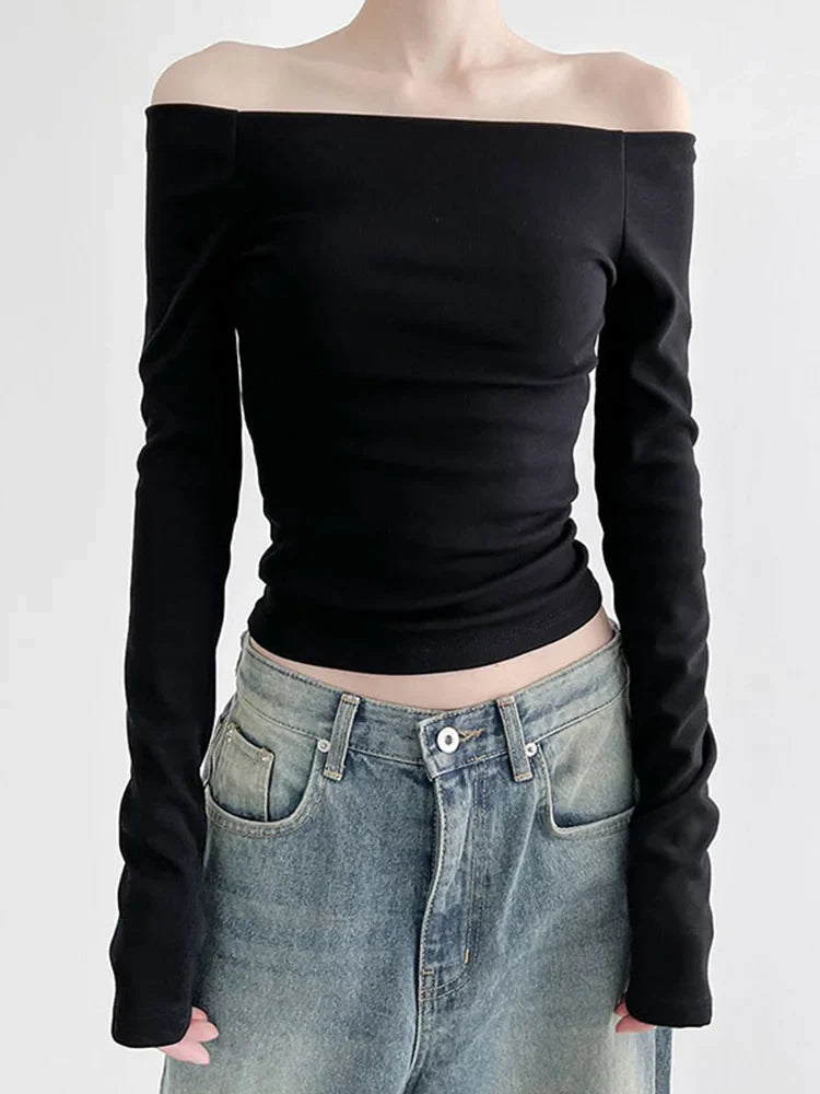 Black Slash Neck Elegant Long Sleeve Slim Knit Top