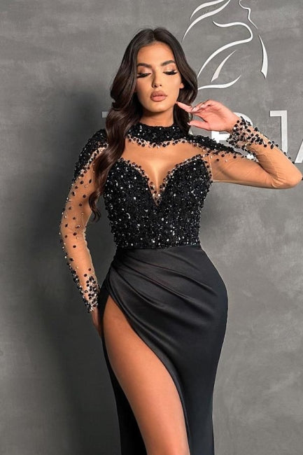 Black Split Front Halter Sweetheart Floor-Length Long Sleeves Stain Prom Evening Dresses with Beadings