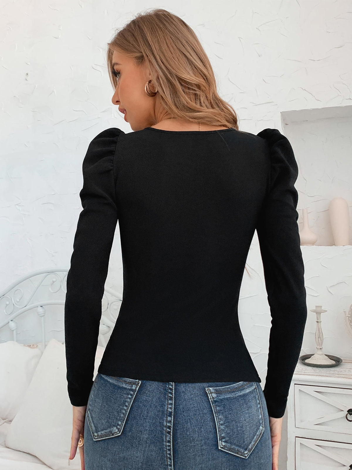 KittenAlarm - Black Square Neck Button Detail Leg-of-mutton Sleeve Top
