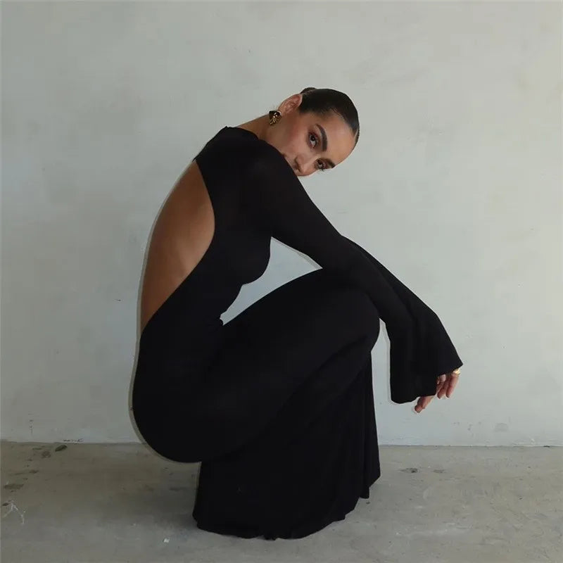 High Neck Long Sleeve Open Back Mermaid Maxi Dress