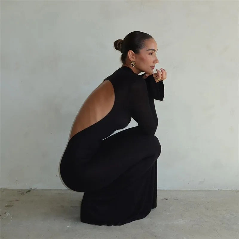 High Neck Long Sleeve Open Back Mermaid Maxi Dress