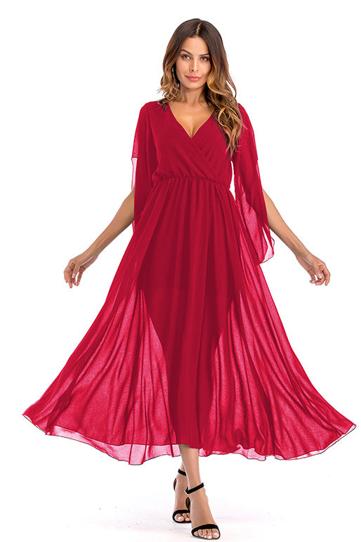 Black V Neck Slit Sleeve Chiffon Maxi Dress - Mislish