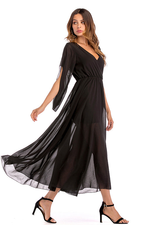 Black V Neck Slit Sleeve Chiffon Maxi Dress
