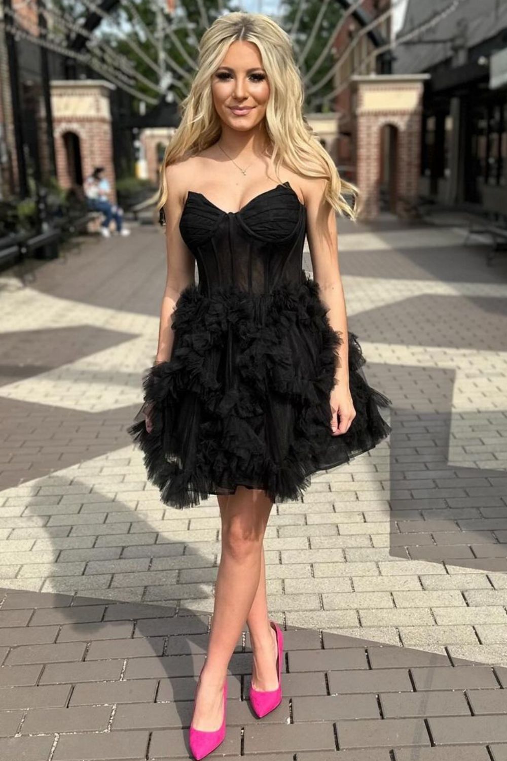 Black A-Line Strapless Short Tulle Homecoming Dress With Ruffle - Fashionpara