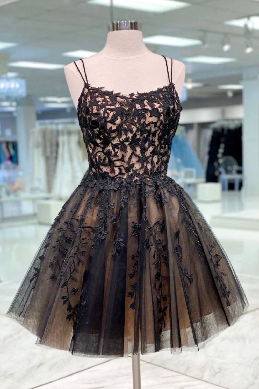Black A Line Spaghetti Straps Homecoming Dress With Appliques - Fashionpara