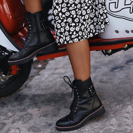 Black PU Lace-up Combat Boots With Rivet