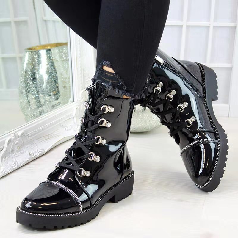 Black Lace-up Combat Boots With Zipper