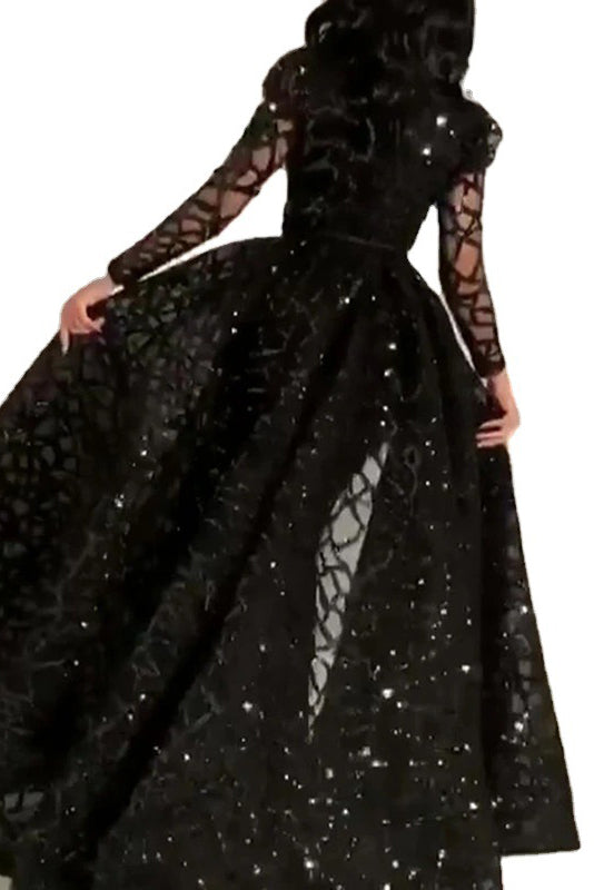 Sequin Lace High Neck Long Sleeve A-Line Gown