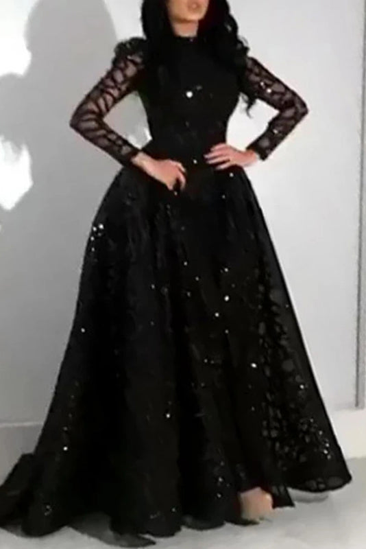 Sequin Lace High Neck Long Sleeve A-Line Gown