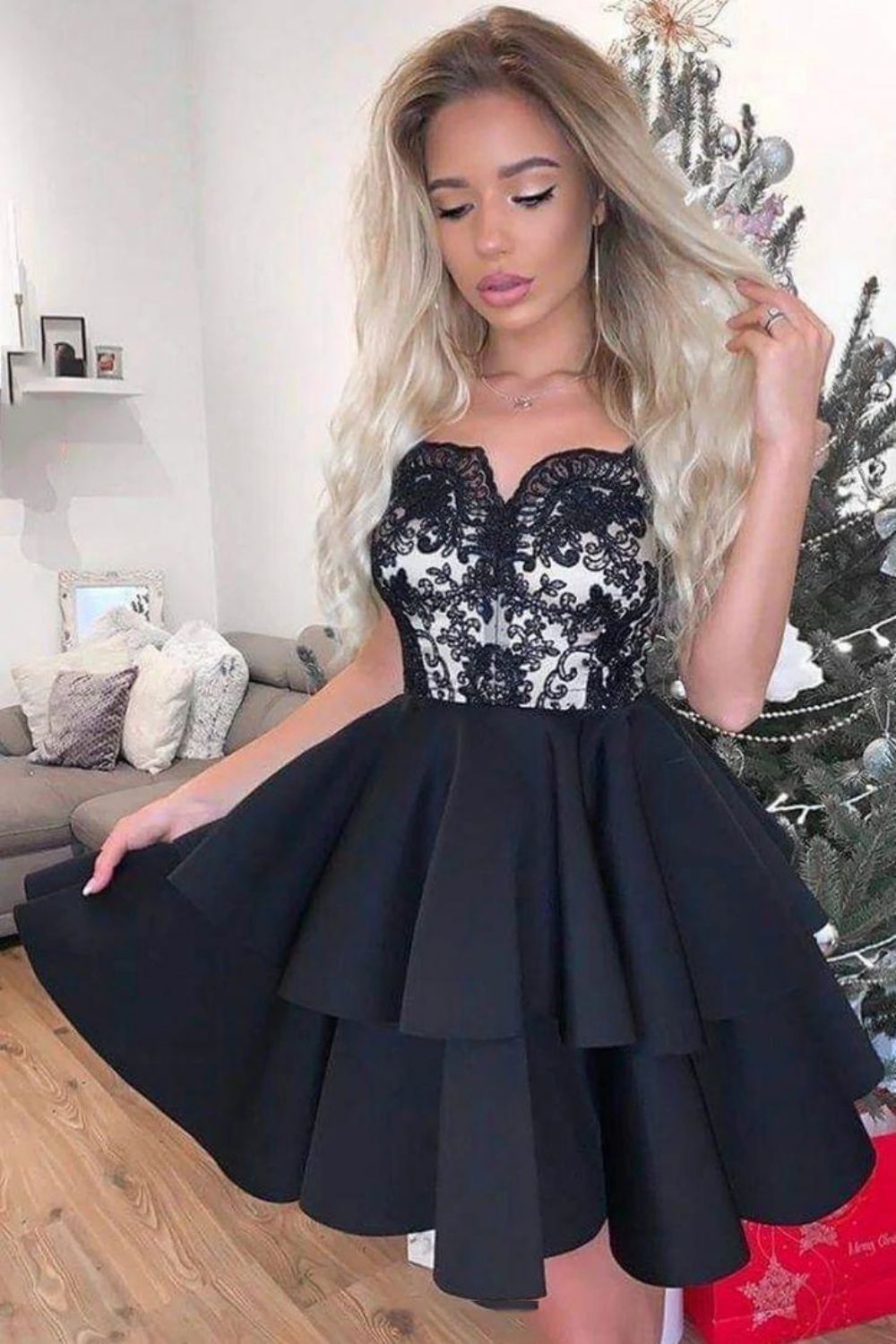 Black Short Mini Homecoming Dress With Applique