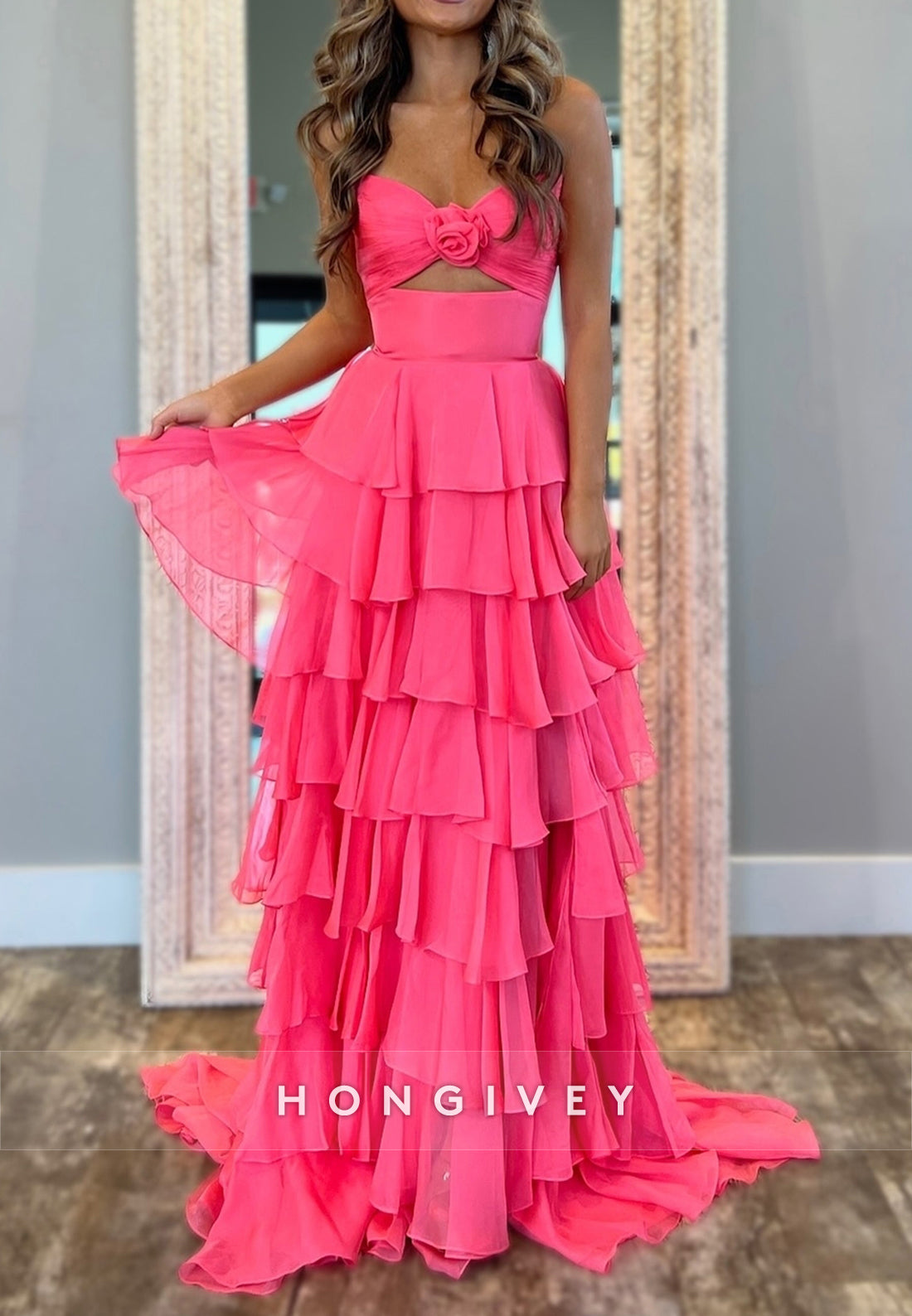 A-Line High Low  Floral Embossed Sweetheart Holiday Prom  Dresses