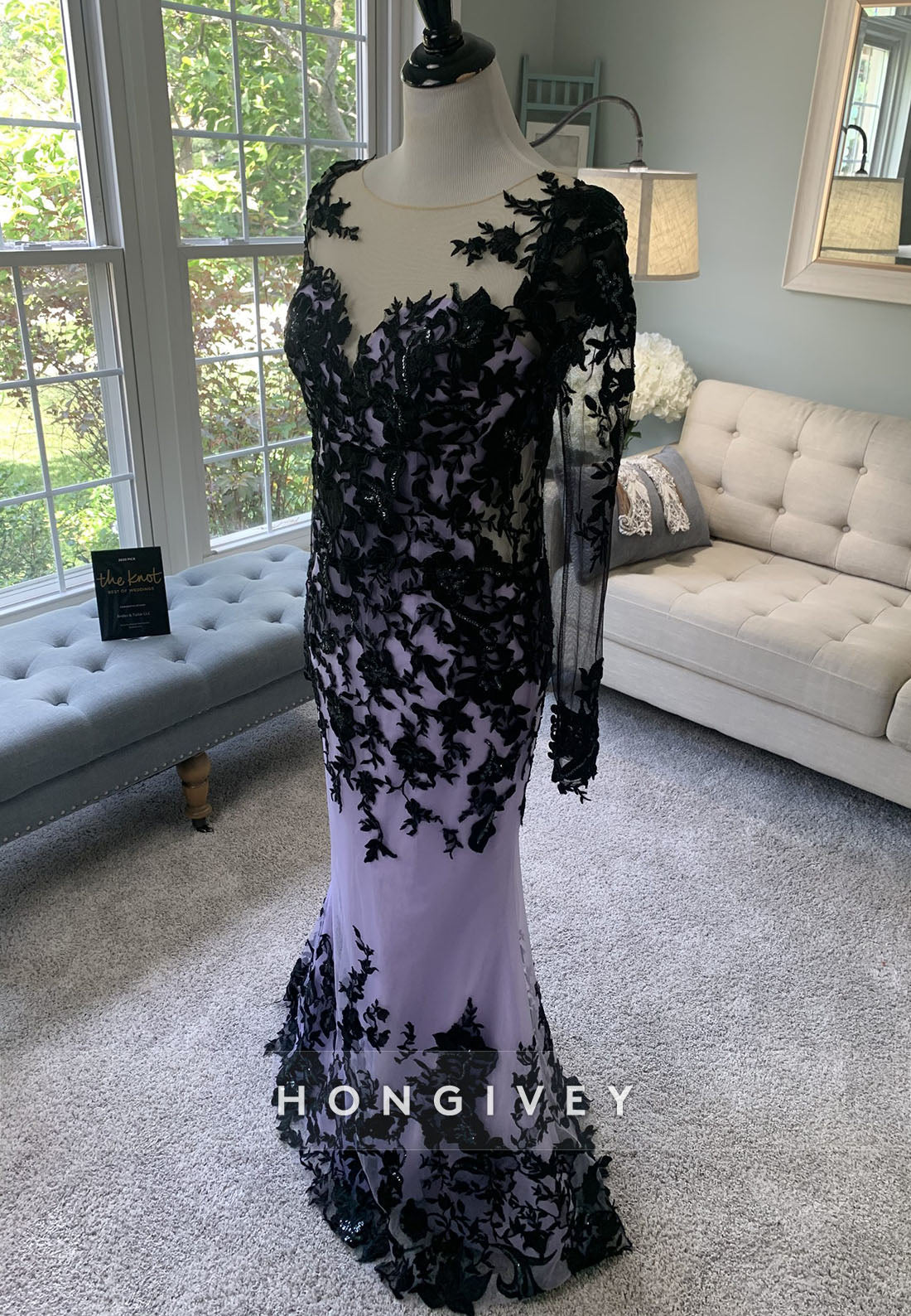 Black and Lilac Illusion Neck Floor-Length Long Sleeves Lace Mermaid Wedding Dress