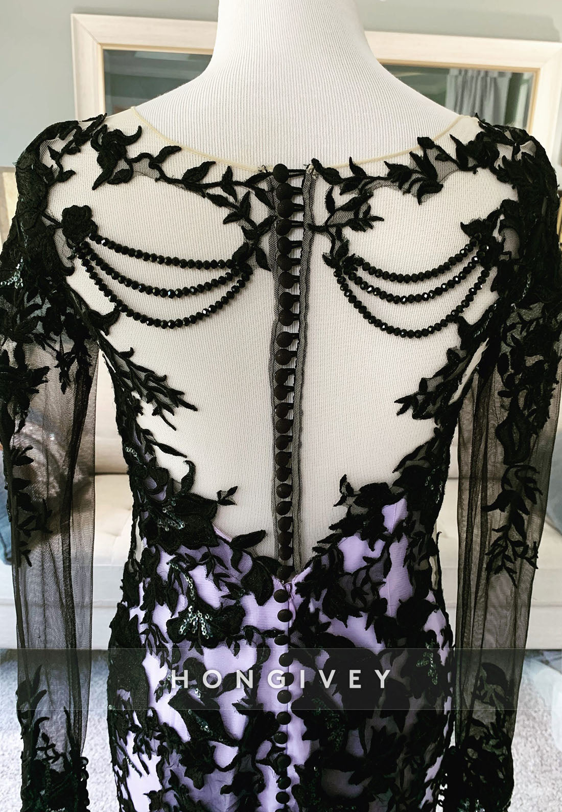 Black and Lilac Illusion Neck Floor-Length Long Sleeves Lace Mermaid Wedding Dress