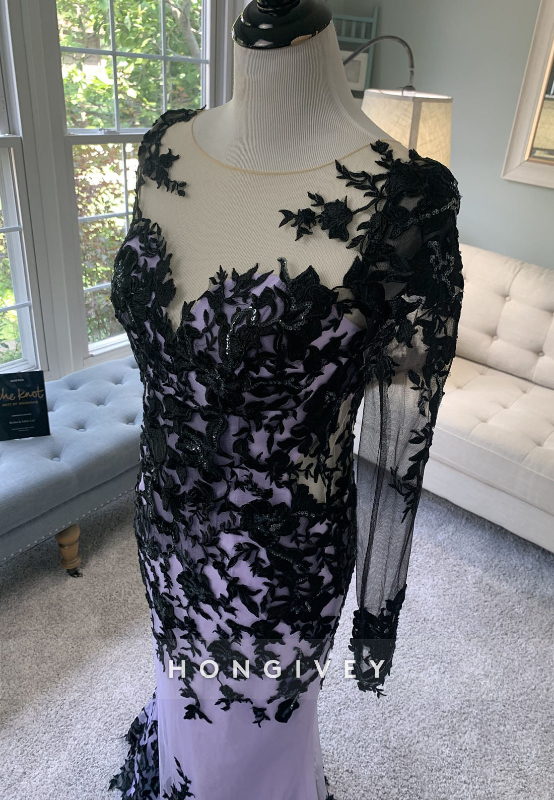 Black and Lilac Illusion Neck Floor-Length Long Sleeves Lace Mermaid Wedding Dress