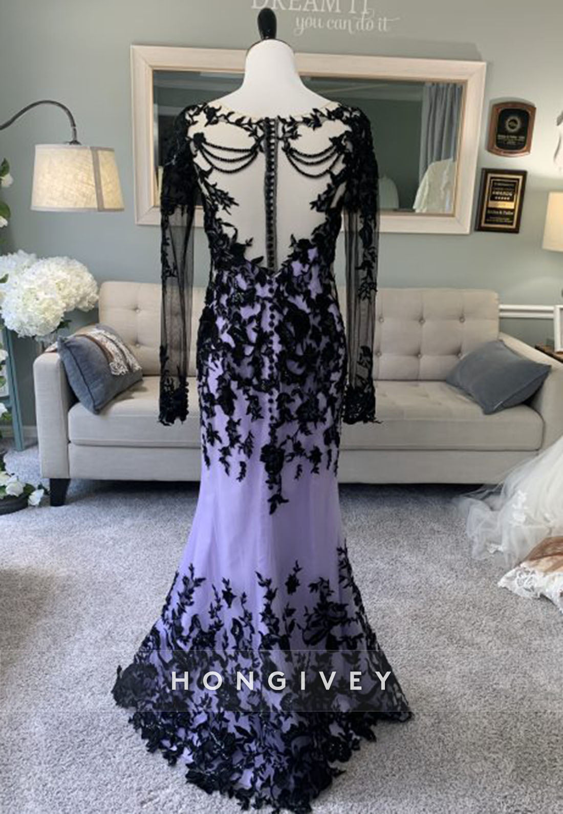Black and Lilac Illusion Neck Floor-Length Long Sleeves Lace Mermaid Wedding Dress