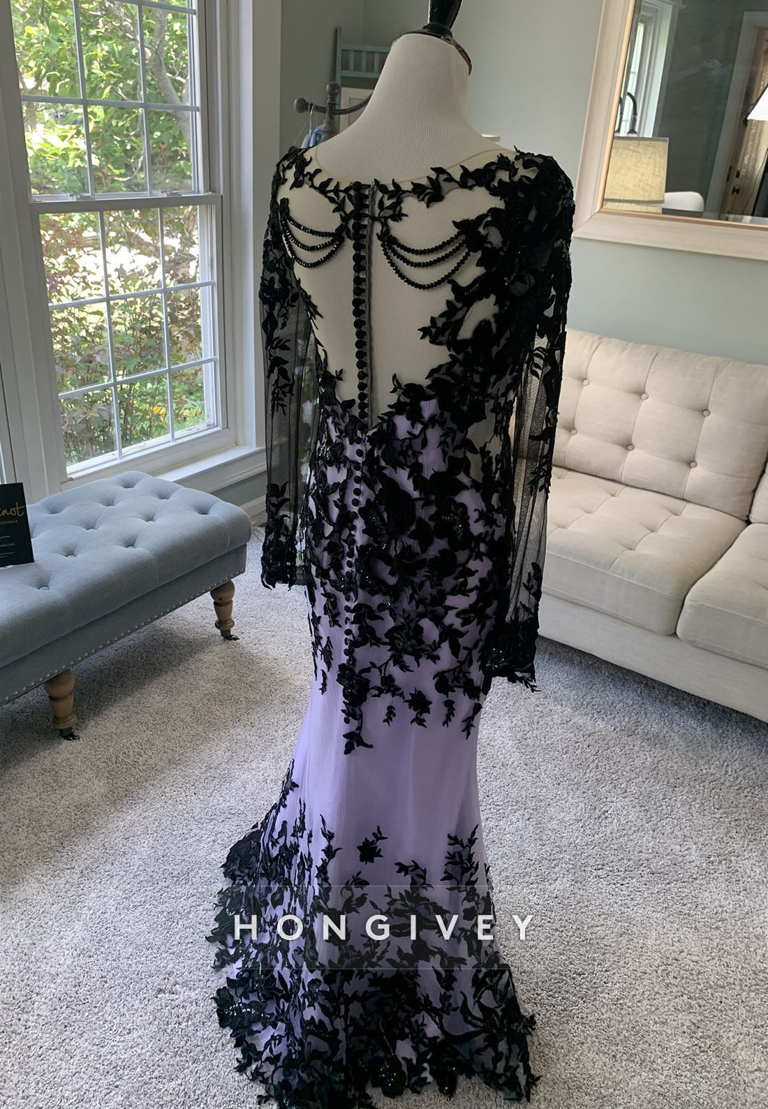 Black and Lilac Illusion Neck Floor-Length Long Sleeves Lace Mermaid Wedding Dress