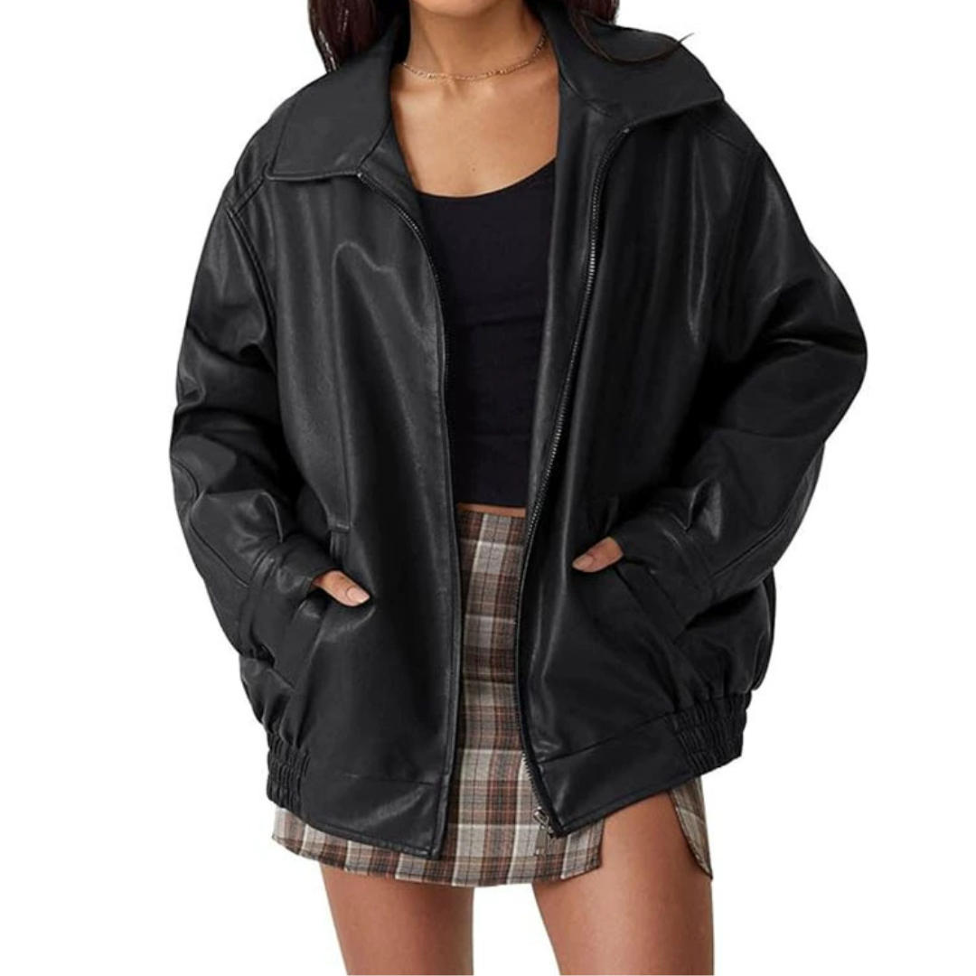 Oversized Spread Collar Zip Front Faux Leather Bomber Jacket