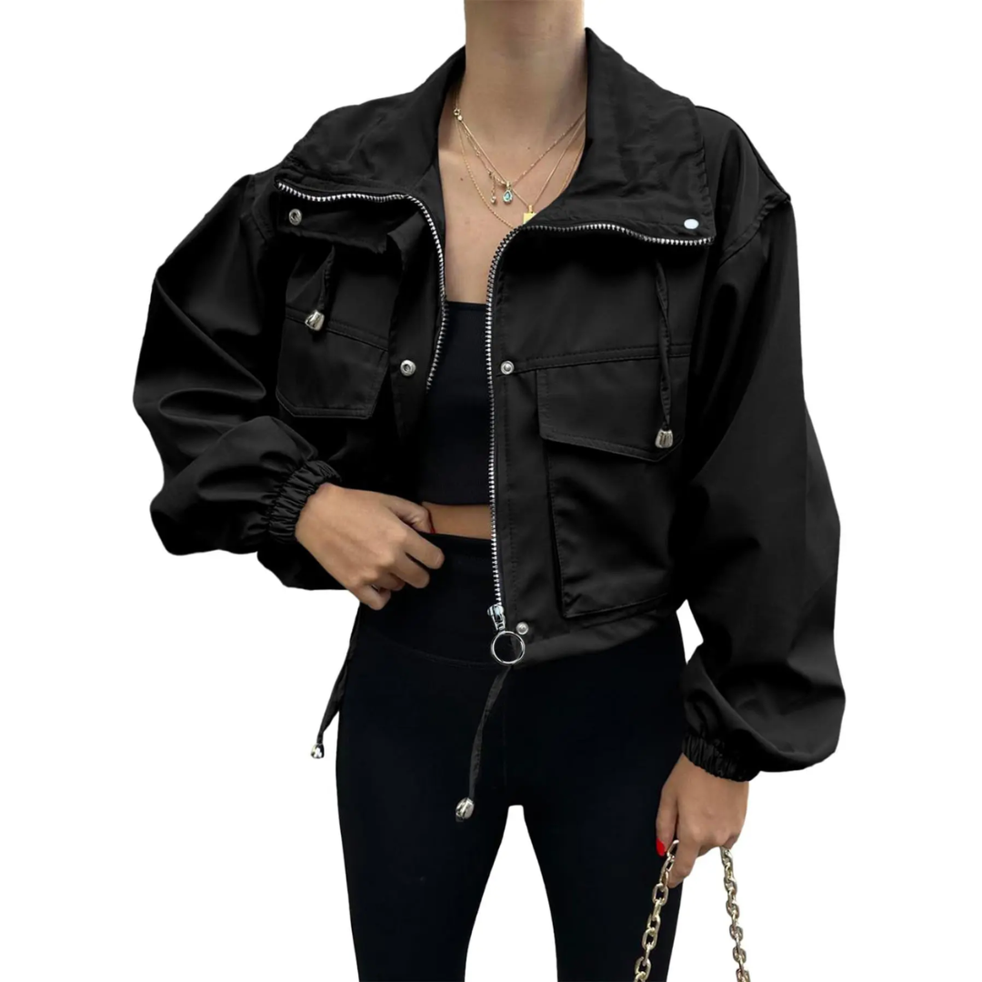 Zip Front Stand Collar Cargo Pocket Cropped Jacket 3