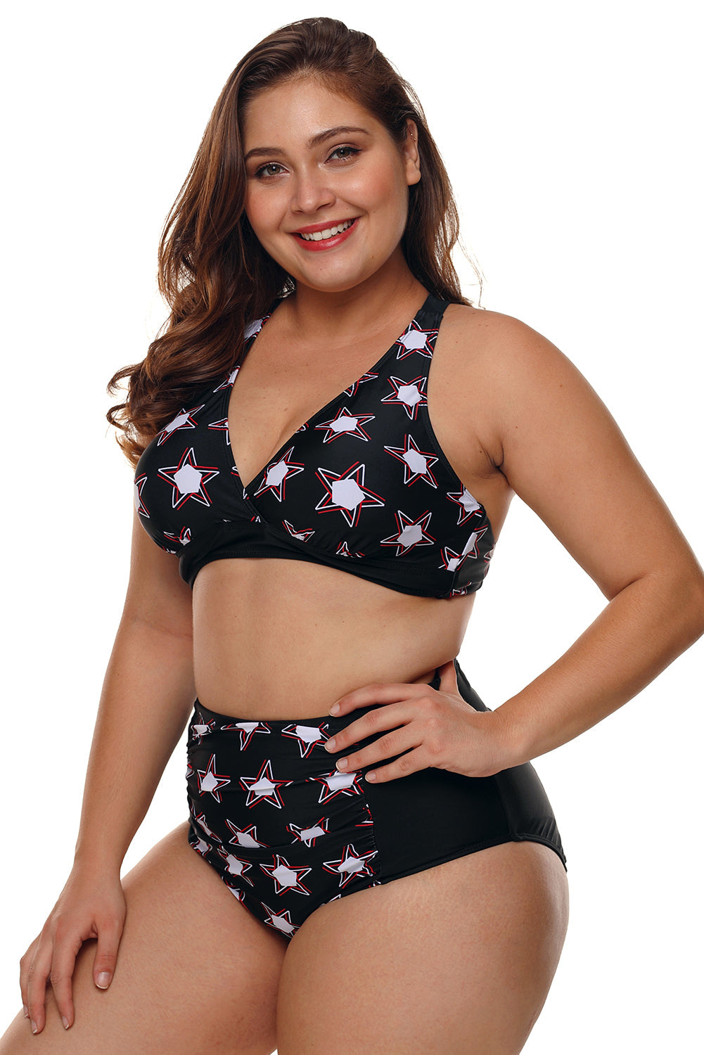 Black 2pcs Starry Plus Size High Waisted Bathing Suit