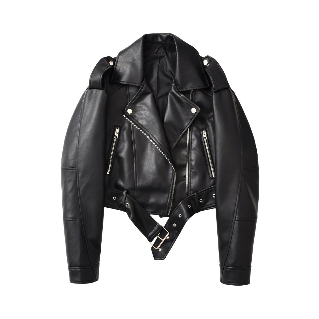 Faux Leather Belted Cropped Moto Jacket