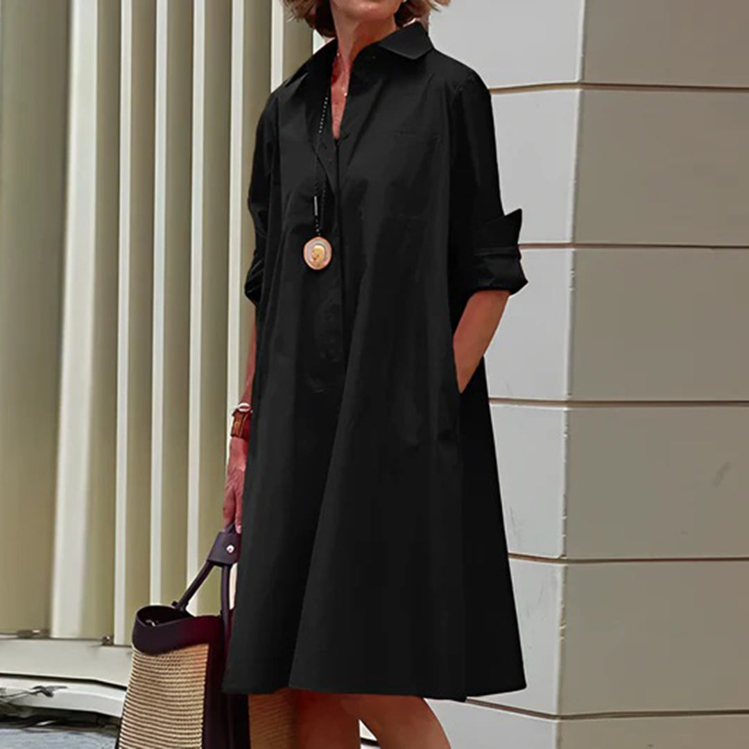 Collared Button Down Long Sleeve Pocket Oversized Shirt Midi Dress