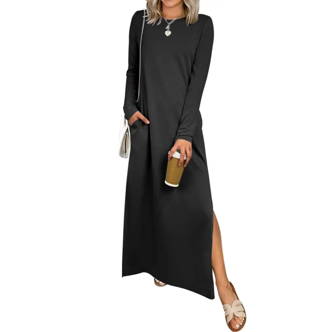 Crew Neck Long Sleeve Side Split Maxi Dress 3