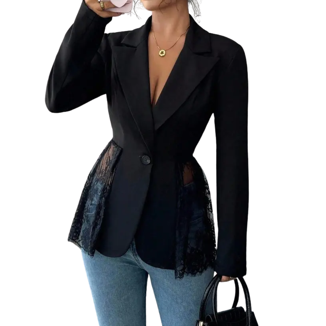 Notch Lapel Lace Trim Peplum Single Button Fitted Blazer
