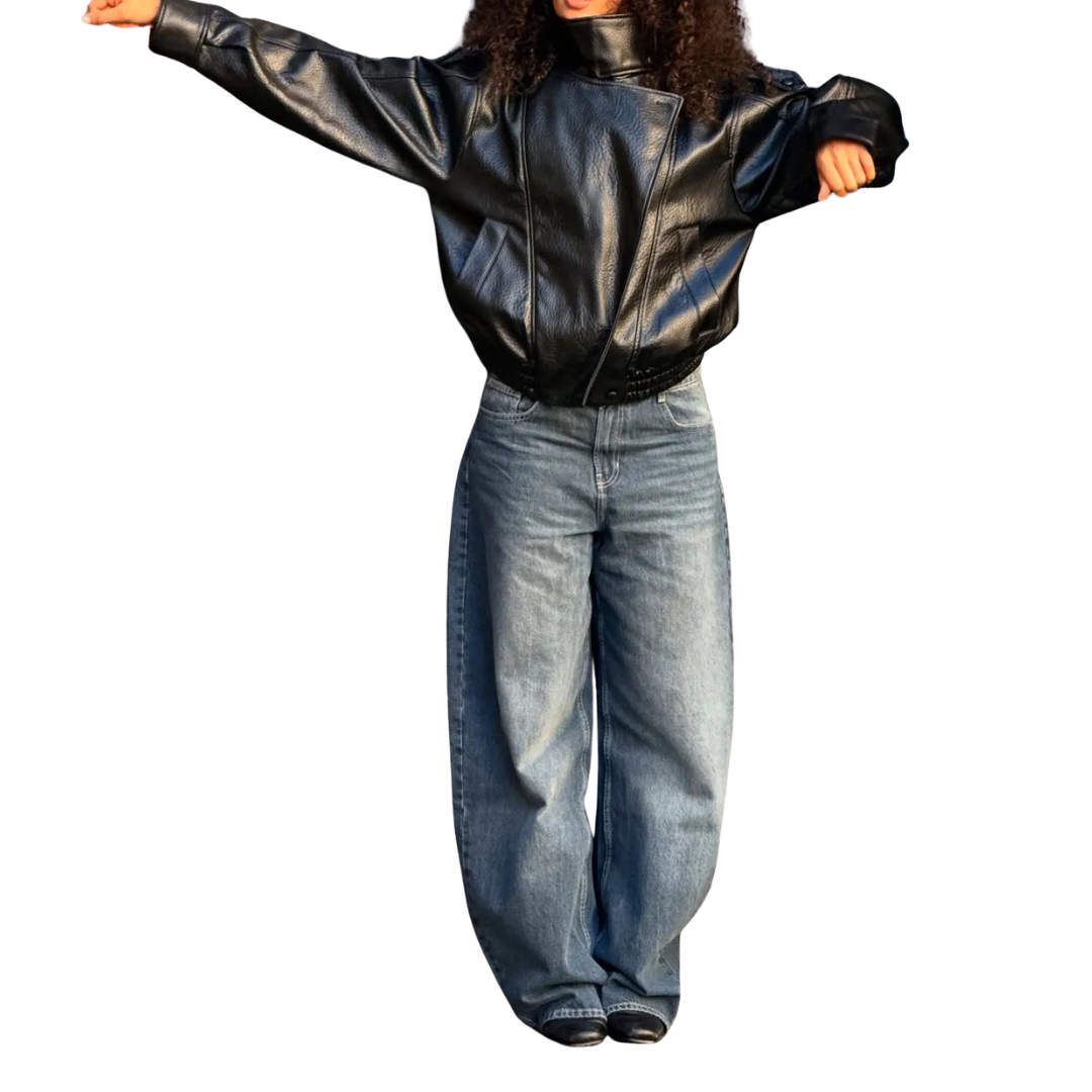 High Neck Zip Front Oversized Faux Leather Jacket