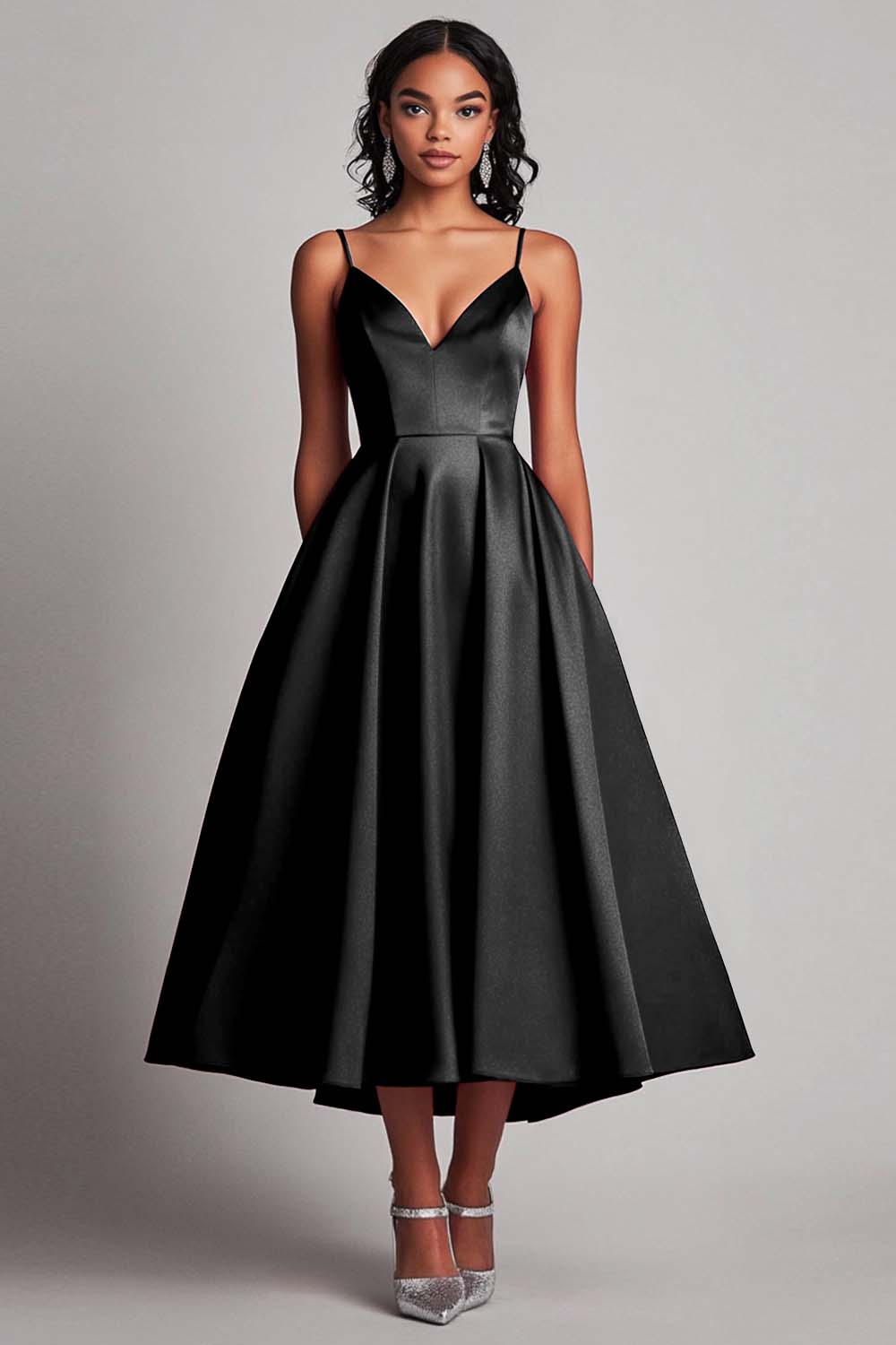 Red Satin A-Line Tea Length Formal Dress - Fashionpara